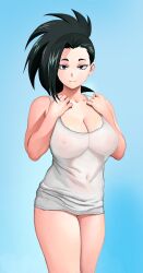 big_breasts black_hair huge_breasts looking_at_viewer momo_yaoyorozu my_hero_academia no_panties see-through see-through_clothing sheer tank_top wazu-san