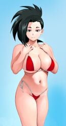 big_breasts bikini black_hair huge_breasts looking_at_viewer momo_yaoyorozu my_hero_academia red_bikini string_bikini wazu-san