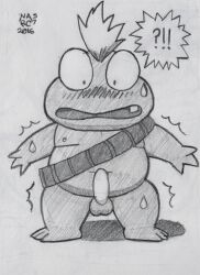 amphibian anthro balls belly blush erection flint_the_time_detective frog genitals male mite_(flint_the_time_detective) narc navel nipples penis slightly_chubby solo surprise traditional_media_(artwork)