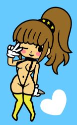 1girls accurate_art_style anonymous_artist areolae arm_up bare_arms bare_hips bikini blue_background blush brown_hair curvy female female_focus gesture gloves heart hips idol legs legwear long_hair looking_to_the_side microphone navel nintendo nipples one_eye_closed open_mouth ponytail pop_singer_(rhythm_heaven) rhythm_heaven rhythm_tengoku shortstack simple_background sling_bikini small_breasts smile socks solo standing swimsuit thick thick_thighs thighs tied_hair v wide_hips yellow_legwear