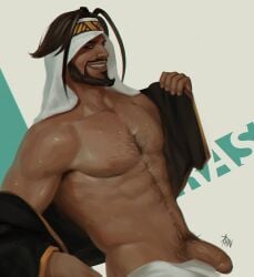 arab_male arabian balls bara beard black_hair body_hair capcom facial_hair flaccid male male_only muscles muscular penis penis_out phindraws rashid solo solo_male street_fighter sweat sweating undressing