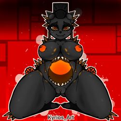 1girls big_breasts black_body cute demon demon_girl female geometry_dash horn kyrios_art looking_at_viewer orange_nipples original_character seductive sharp_teeth smile smiling solo solo_female stomach_mouth thick_thighs video_games wide_hips