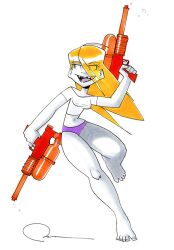 acacia_budur barefoot blonde blonde_female blonde_hair blonde_hair_female blue_eyes bud feet female long_hair sharp_teeth smile solo solo_female solo_focus squirt_gun teeth teeth_visible toenails toes tongue wapsi_square water_gun webcomic white_background white_shirt white_skin