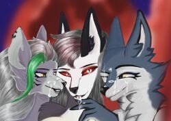 anthro bodily_fluids canid canid_demon canine canis cum cum_in_mouth cum_inside cum_on_face cumshot demon ear_piercing ejaculation evolucifer female five_nights_at_freddy's five_nights_at_freddy's:_security_breach fur genital_fluids group hellhound helluva_boss illumination_entertainment loona_(helluva_boss) mammal piercing porsha_crystal roxanne_wolf_(fnaf) scottgames sing_(movie) steel_wool_studios trio wolf