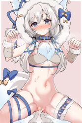 animal_ear_piercing animal_ears animal_hood assault_lily bandeau bar_censor belt belt_collar blue_bow blue_collar blue_eyes blue_ribbon blush boots border bottomless bow breasts censored closed_mouth collar commentary_request detached_hood detached_sleeves ear_ribbon fake_animal_ears fake_tail female fur-trimmed_hood fur_boots fur_sleeves fur_trim grey_bandeau grey_hair groin hair_between_eyes hair_ornament hands_up hood hood_up knees_out_of_frame leg_ribbon long_hair looking_at_viewer low_twintails mak066 navel nose_blush official_alternate_costume orange_bow outside_border paw_pose paw_shoes pink_background pussy ribbon shiozaki_suzume simple_background small_breasts smile solo spread_legs squatting stomach sweat tail tail_bow tail_ornament thigh_belt thigh_ribbon thigh_strap twintails white_border white_footwear wolf_ears wolf_hood wolf_tail x_hair_ornament