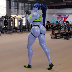 1girls 3d abs amelie_lacroix ass big_ass big_breasts black_fingernails black_nails black_thong blizzard_entertainment blue_hair braided_ponytail elbow_sleeve female female_only fit fit_female gym looking_at_viewer mirror muscular muscular_female muscular_thighs no_pants oiled oiled_skin oily overwatch overwatch_2 ponytail purple-skinned_female purple_skin solo solo_female sports_bikini sports_bra sports_panties tattoo tattoo_on_stomach thick_thighs thong thunder_thighs vonsvaigen wide_hips widowmaker yellow_eyes