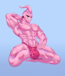 1boy abs absurd_res alien alien_humanoid arm_behind_head balls_outline blue_background bulge clothed clothing detailed_bulge dragon_ball gay genital_outline hi_res humanoid majin majin_buu male male_only muscular muscular_humanoid muscular_male not_furry pecs penis_outline pink_body pink_skin simple_background solo super_buu teeth thornworks