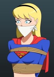 1girls bennypaan blonde_hair blue_eyes bondage cloth_gag dc dc_comics dcau gag gagged justice_league_unlimited kara_danvers kara_in-ze kara_zor-el kryptonian restrained rope rope_bondage sole_female solo supergirl supergirl_(dcau) superman:_the_animated_series superman_(series) tied_up