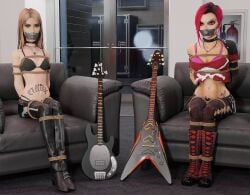 3d blender blonde_hair bondage boots bra casey_lynch colored_hair gag gagged green_hair guitar guitar_hero guitar_hero_iii:_legends_of_rock guitarist judy_nails necklace piercing punk_girl rope rope_bondage sitting_on_sofa sofa tape_gag taped_mouth tattoo theblendertaper