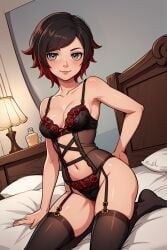 ai_generated aicon bedroom bedroom_eyes bra garter_belt gradient_hair kneeling lingerie medium_breasts navel panties rooster_teeth ruby_rose rwby silver_eyes solo