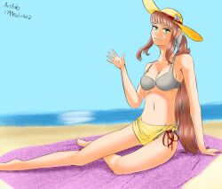 1female 1girls 2022 5_fingers artist_name artlab bare_shoulders beach breasts cleavage dated doki_doki_literature_club female female_only girl gray_bikini gray_bikini_bottom gray_bikini_top green_eyes grey_bikini grey_bikini_bottom grey_bikini_top hat headwear long_hair looking_at_viewer monika_(doki_doki_literature_club) navel sand thedarkartlab_(artist) water