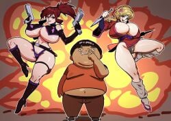 1boy 2girls bathsalts1 big_breasts clyde_(sbgw) huge_breasts kneehighs loose_socks mimiko_(sbgw) sakura_(sbgw) socks speedosausage super_booby_greasy_warriors white_socks