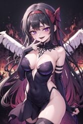 ai_generated ai_hands akemi_homura akuma_homura black_dress black_hair black_thighhighs demon devil evil_grin evil_smile female female_focus female_only flames goddess hair_ribbon hell highres long_hair looking_at_viewer madoka_worship magical_girl mahou_shoujo_madoka_magica ombre_hair puella_magi_madoka_magica purple_eyes red_ribbon solo solo_focus thick_thighs thighhighs