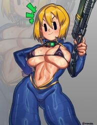 1girls bad_trigger_discipline big_breasts black_eyes blonde_hair blush collar fallout gun jumpsuit looking_at_viewer micro_bikini mob_face open_shirt partially_clothed presenting short_hair smile solo standing sweat thick_thighs topless vault_girl vault_meat waa153