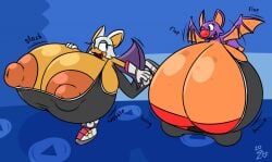 2girls alternate_breast_size anthro bat bat_ears big_breasts big_nipples breasts_bigger_than_head clothed crossover female female_only furry huge_breasts huge_nipples hyper hyper_breasts hyper_nipples laylee mattthetooncat nipples_visible_through_clothing rouge_the_bat running sonic_(series) sports_bra sportswear yooka-laylee