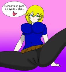 1girls belt blonde_hair el_diario_de_jonathan eyebrows_visible_through_hair female heart heterochromia jayden_murtons maidselene navel_visible_through_clothes pants short_hair short_sleeves solo solo_female spanish_text spread_legs t-shirt vagina_visible_through_clothing