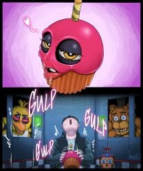 angry balloon_boy_(fnaf) banjizy big_lips blowjob buckteeth chica_(fnaf) comedy cupcake_(fnaf) drooling fellatio five_nights_at_freddy's five_nights_at_freddy's_(film) fnaf food_penetration food_play freddy_(fnaf) funny heart-shaped_pupils humor living_fleshlight looking_at_viewer mike_schmidt text thousand_yard_stare