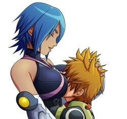 1boy 1girls 2019 age_difference aqua_(kingdom_hearts) big_breasts blonde_hair blue_hair closed_eyes clothed face_in_breasts female hand_on_another's_head height_difference hi_res kingdom_hearts male marshmallow_hell older_female ravenravenraven short_hair shorter_male smile spiky_hair taller_girl transparent_background ventus younger_male