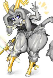 2023 anthro big_eyebrows blue_eyes bovid breasts caprine digital_media_(artwork) female fur goat goatboydraws grey_body grey_fur hand_gesture hi_res holding_object horn horns hybrid lagomorph leaning leaning_forward leporid looking_at_viewer mammal muscular muscular_female pseudoregalia rabbit simple_background smile smiling smiling_at_viewer solo sybil_(pseudoregalia) tail thick_thighs thunder_thighs v_sign weapon weapon_in_hand white_background yellow_horn yellow_shoes