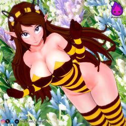 bee bee_costume bee_girl big_breasts big_eyes breasts brown_hair cartoony cute fairy_wings igneuzz looking_at_viewer nature nature_background original_character original_characters outside pointy_ears susiehatter tagme thick_thighs thighs wide_hips wings