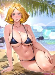 1girls 2023 beach bikini blonde_hair breasts female female_focus female_only gundam large_breasts mobile_suit_gundam ocean outdoors oyaman pale-skinned_female pale_skin sayla_mass short_hair sitting sole_female solo swimsuit swimwear thick_thighs wide_hips