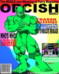 2005 anthro ape cigar cover duo english_text flaccid foreskin genitals gor_(tomcat) gorilla green_body green_skin haplorhine hi_res humanoid humanoid_genitalia humanoid_penis magazine_cover male mammal nipple_piercing nipple_ring nipples nude orc orc_male penis piercing pink_nipples primate pubes ring_piercing text tomcat_(artist) trassk