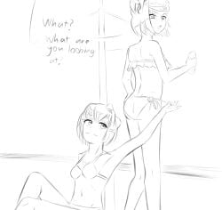 2girls armpit artlab ass back bikini bikini_bottom bikini_top bottle breasts butt cleavage doki_doki_literature_club english_text female female_only females long_legs monochrome multiple_girls natsuki_(doki_doki_literature_club) sayori_(doki_doki_literature_club) sitting sitting_down sketch text thedarkartlab_(artist) unaware untying