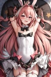 1boy ai_generated astolfo_(fate) astolfo_(saber)_(fate) black_gloves bunnysuit fate_(series) femboy gloves pink_eyes pink_hair stable_diffusion trap unstable_diffusion