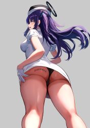 absurdres ark_uniform_(blue_archive) ass awnw black_headwear black_panties blue_archive blush breasts dress female from_below gloves grey_background halo hat highres long_hair mechanical_halo medium_breasts millennium_science_school_student open_mouth panties purple_eyes purple_hair seminar_(blue_archive) short_sleeves simple_background solo twitter_username underwear white_dress white_gloves yuuka_(ark_uniform)_(blue_archive) yuuka_(blue_archive)