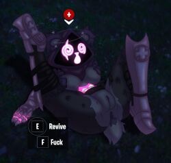 anthro anus ass bear belt boots bottomless breasts claws clothed clothing dazed english_text epic_games eye_scar facial_scar female footwear fortnite fur genitals glowing glowing_eyes grass hi_res hood mammal multicolored_body multicolored_fur nipples nude on_ground plant profanity purple_body purple_ears purple_fur pussy raven_team_leader rock scar sludgecentric solo spiral_eyes straps tail text thick_thighs