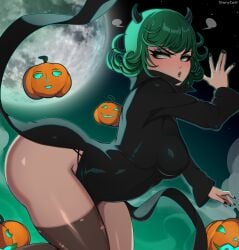 1girls ass big_ass big_breasts black_dress black_lips black_lipstick black_nail_polish black_nails blush breasts bubble_butt curvaceous dress female female_focus female_only green_eyes green_hair hair halloween horns huge_ass legwear lips lipstick nail_polish nails one-punch_man pelvic_curtain pumpkin short_hair solo solo_female storycatt tatsumaki thick_thighs thighhighs thighs