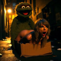 1girls ai_generated alley blonde_hair cardboard cardboard_box celebrity dall-e3 doggy_style garbage green_fur implied_sex muppets naked naked_female nude nude_female open_mouth oscar_the_grouch public public_sex puppet real_person sesame_street spanking tagme taylor_swift the_muppet_show trash