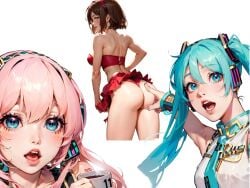 3girls ai_generated aqua_eyes aqua_hair aqua_necktie armpits artist_request ass bangs bare_shoulders blue_eyes blush breasts brown_eyes brown_hair butt coffee coffee_mug crop_top cup hair_between_eyes hairband hatsune_miku headphones headset holding holding_cup huge_ass large_breasts light-skinned_female light_skin lips long_hair looking_at_viewer looking_back medium_breasts megurine_luka meiko_(vocaloid) meme mug multiple_girls necktie open_mouth panties parody pink_hair pointing red_bra red_panties red_skirt shirt short_hair simple_background skirt sleeveless sleeveless_shirt smile soyjak stable_diffusion steam surprised tattoo thong twintails underwear vocaloid white_background