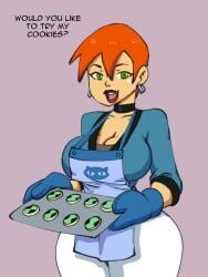 aged_up apron ben_10 big_breasts cartoon_network cookie darkeros13 earrings female female_only food future_gwen future_gwen_(ben_10,000) green_eyes gwen_tennyson large_breasts milf orange_hair red_hair short_hair thedarkeros tray wide_hips