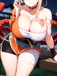 1girls ai_generated blonde_hair breast_tattoo breasts choker eyes_out_of_frame female genshin_impact hips huge_breasts light-skinned_female light_skin nai_diffusion shimenawa solo stable_diffusion thick_thighs thighs wide_hips yoimiya_(genshin_impact)