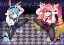 2girls bangs blue_hair bol_factory bunny_ears bunnysuit clothed clothing duel_monster female female_only fully_clothed ki-sikil_(yu-gi-oh!) lil-la_(yu-gi-oh!) long_hair red_hair yu-gi-oh!