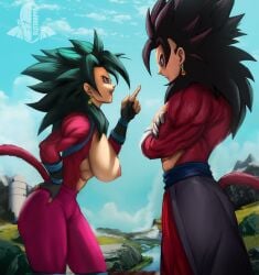 1boy 1girls big_breasts black_hair breasts dragon_ball dragon_ball_heroes dragon_ball_super ear_ring earrings elitenappa exposed_breasts female hand_on_hip kefla male muscular muscular_male nipples piercing potara_earrings red_fur super_dragon_ball_heroes super_saiyan_4 thick_thighs topless vegito wide_hips xeno_vegito