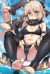 1boy 1girls ahoge bikini blonde_hair breasts cameltoe ebora elbow_gloves fate/grand_order fate_(series) feet female foot_fetish footjob gloves hi_res huge_cock large_breasts light-skinned_female light_skin male okita_souji_(fate) okita_souji_(swimsuit_assassin)_(fate) penis short_hair thighs youngmanisdown