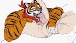 anthro balls bodily_fluids cum cum_from_nose cum_in_nose cum_inside cum_taste custapple duo felid fellatio frosted_flakes gay genital_fluids genitals human interspecies kellogg's male male/male mammal mascot muscular oral pantherine penile sex tiger tongue tony_the_tiger