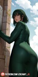 against_wall ai_generated arms_up ass ass_focus ass_in_dress back big_ass black_hair creamy_ai dress female female_only from_behind from_below fubuki_(one-punch_man) green_dress green_eyes green_hair hi_res lips long_dress one-punch_man parted_lips patreon_username short_hair sideboob sky standing thick_ass thick_thighs thighs