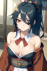 ai_generated black_hair brown_eyes detached_collar eye_patch female female_only gintama hiradegirl japanese_clothes kimono long_hair looking_at_viewer medium_breasts no_bra obi off_shoulder ponytail solo upper_body yagyuu_kyuubei