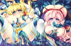 2girls ambiguous_penetration archbishop archbishop_(ragnarok_online) ass big_breasts blonde_hair blue_eyes captured captured_heroine covered_penetration double_penetration doujinshi_cover dress female female_only green_eyes implied_penetration implied_sex milking milking_tentacles oral penetration_under_clothes pink_hair priest_(ragnarok_online) priestess ragnarok_online restrained sex_under_clothes sex_under_dress tentacle tentacle_dp tentacle_spitroast tentacle_under_dress tentacles_under_clothes thighhighs vaginal_penetration