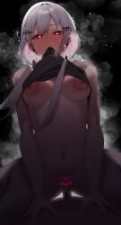 absurdres bare_shoulders big_breasts black_camisole blush breasts camisole censored cowgirl_position female grey_hair hakase_fuyuki heart heart-shaped_pupils highres large_areolae large_breasts long_hair looking_at_viewer low_twintails mouth_hold navel_piercing nijisanji nipple_piercing nipple_piercings piercing pov pubic_tattoo red_eyes sex small_penis small_penis_adoration so_dasui1 symbol-shaped_pupils tattoo twintails vaginal_penetration virtual_youtuber