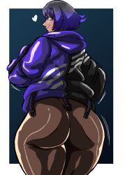 1girls 2d ass ass_focus big_ass black_hair charge_sol facing_away female female_focus gradient_hair heart hips jacket legs looking_at_viewer namco pantyhose pink_eyes purple_hair reina_mishima short_hair simple_background smile smug solo source tekken tekken_8 thick_ass thick_hips thick_legs thick_thighs thighs tight_clothing tomboy wide_hips wiggle_lines