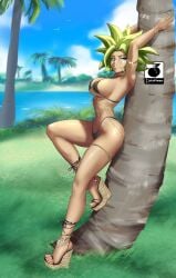 1girls beach bikini blue_eyes dragon_ball dragon_ball_super female female_focus female_only high_heels hoop_earrings kefla leaning_on_tree legendary_super_saiyan linkartoon palm_trees posing solo solo_female solo_focus super_saiyan super_saiyan_2 universe_6 universe_6/universe_7 very_high_heels wedge_(footwear) wedge_heels