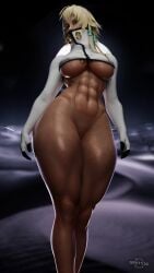 1girls 3d 3d_(artwork) abs alternate_body_type big_breasts bleach blonde_hair bottomless bottomless_female breast_focus breasts crop_top dark-skinned_female dark_skin female_abs female_only fit_female functionally_nude grvty3d hands_on_breasts large_breasts muscle_girl muscular_female navel presenting presenting_breasts shiny_skin six_pack solo stomach tattoo thick_thighs tia_harribel toned_female underboob wide_hips