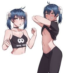 alien alien_girl alien_humanoid alien_look_like_human bandage bandage_on_face bare_shoulders belly belly_button blue_hair breasts casual_clothes choker clothed collar female female_only goth_girl ji-yoon light-skinned_female light_skin medium_breasts oc original original_character plaster red_eyes tagme ti_keep tummy undressing