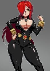 1girls bathsalts1 big_breasts black_bodysuit black_widow_(cosplay) bodysuit breasts cleavage female female_only hair hair_over_one_eye hand_on_hip hips huge_breasts latex latex_bodysuit long_hair marvel necklace neckwear parasoul red_hair skullgirls thick_thighs thighs wide_hips yellow_eyes