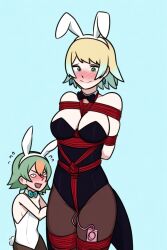 ai_generated blonde_hair blush blushing bondage bunny_ears bunnysuit embarrassed fire_emblem fire_emblem_heroes fjorm_(fire_emblem) green_hair humiliation laegjarn_(fire_emblem) tied_up tiques vibrator vibrator_in_thighhighs