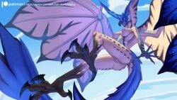 2023 alanscampos anthro areola ass big_breasts blue_body breasts capcom female flying_wyvern genitals hi_res legiana monster_hunter nipples nude open_mouth pupils pussy sharp_teeth sky slit_pupils solo tan_body teeth wings yellow_eyes